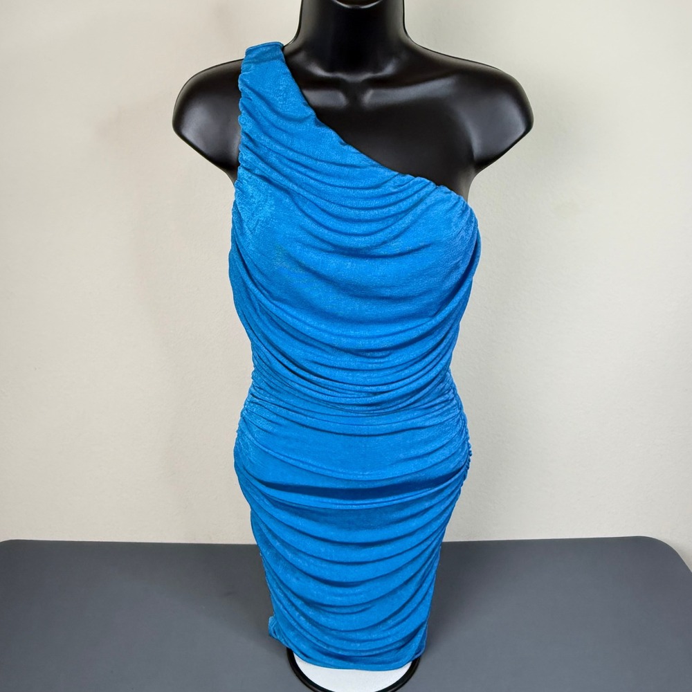 Hello Molly Mini Dress Womens 2 Blue One Shoulder Ruched Bodycon Metallic Party